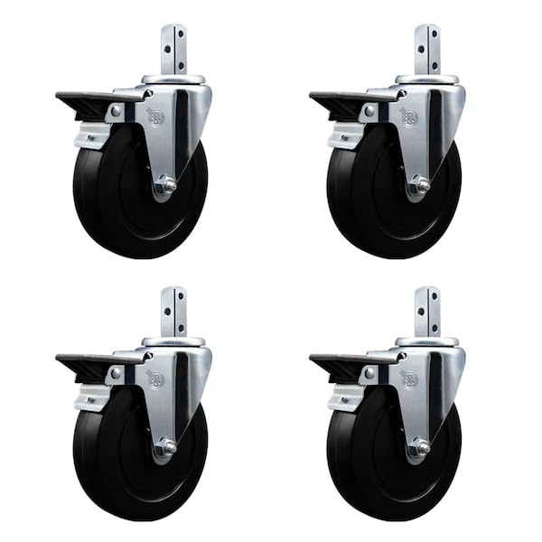 5'' Soft Rubber Wheel Swivel 7/8'' Square Stem Caster Set with Brake, 4PK